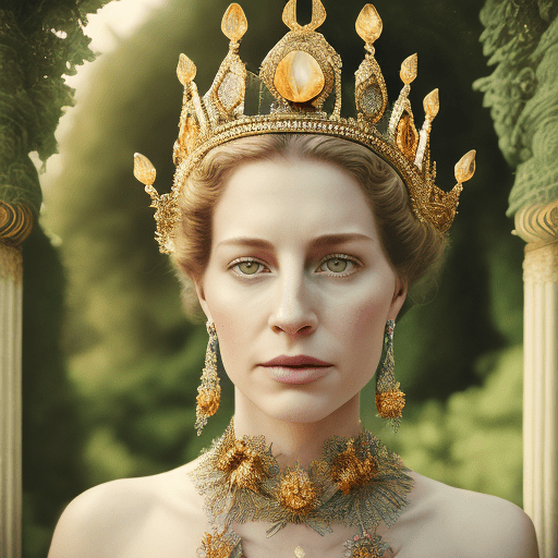 Output: cinematic portrait shot subject: queen of nature, royal garments, shown skin, wearing a crown inspired by nature background: temple of nature influences: royalty of the elements, wes anderson emphasisers: greencore, royalcore, detailed face, sharp focus on face, depth of field camera: shot on a hasselblad medium format camera. Carl zeiss distagon t* 15 mm f/ 2. 8 ze, ricoh r1. --ar 21:9 --s 1000 --q 2 --style raw