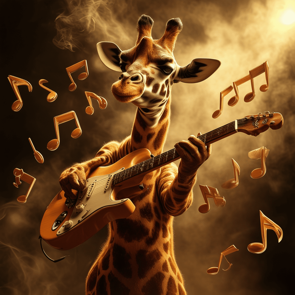 Imagine an electric guitar musical instrument being passionately played by a giraffe, musical notes floating around the surreal guitar, the musical notes are also shaped like tiny giraffes, the background has a dark theme to give good contrast against the foreground to make it pop out, a smoke machine is out of view but you can see the smoke lightly winding through the lower portion of the image, stage lights add to the dramatic effect