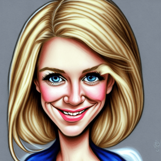 Caricatures pencil drawing, cute woman, blonde hair, mid-20's, color pencils, in the style of street caricature artist, hilariously funny, exaggerated features, white background --chaos 50 --ar 1:2 --stylize 750