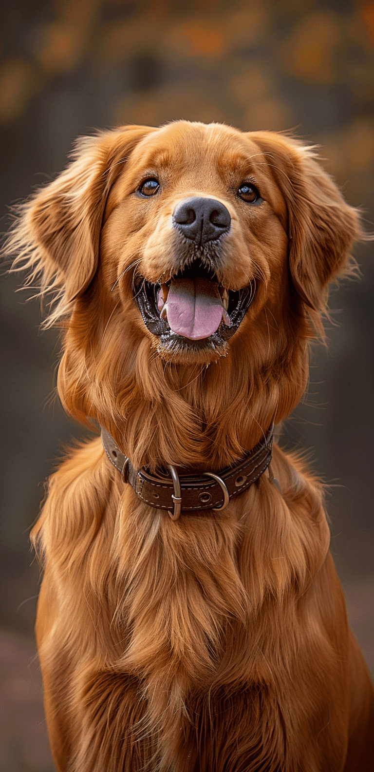A golden retriever wearing a collar smiling, head tilted, pure happiness, hyperrealistic close-up photo, bright background --ar 31:64 --stylize 750