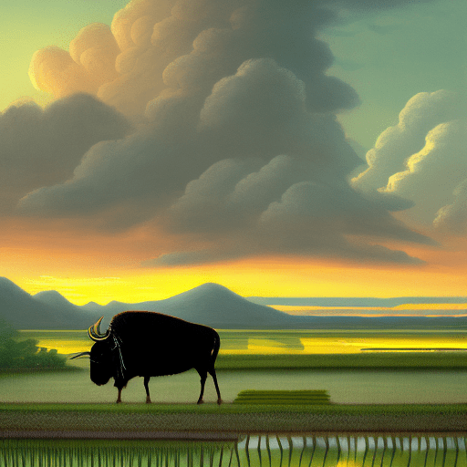 Landscape painting of a person riding a buffalo on the edge of a stretch of rice plants and small birds in a rice field under a cloud-covered mountain slope with a twilight atmosphere, painted with oil paint using scrap in imprasto style with a harmonious and realistic color composition 8k using a ratio of 16 :9