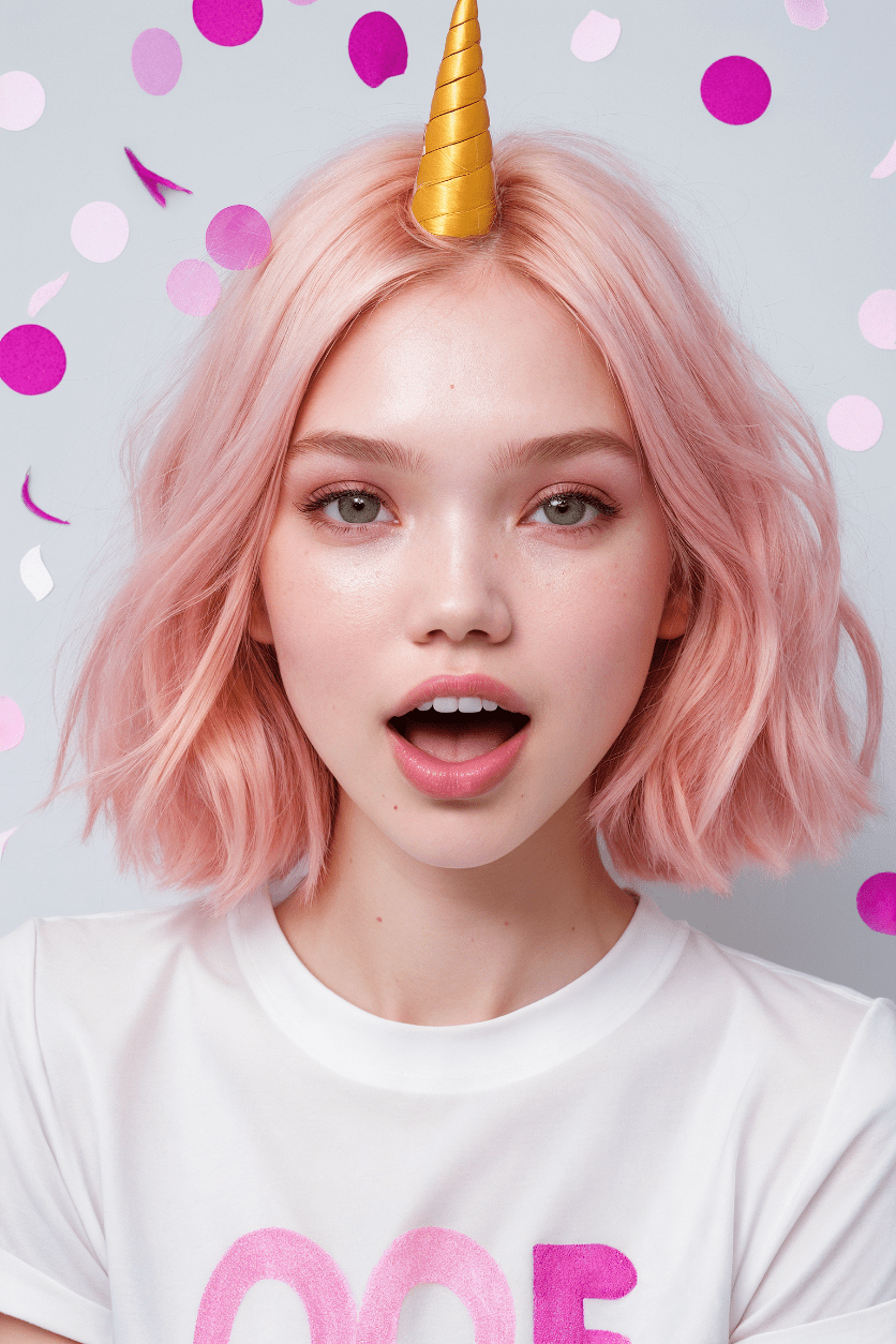 A girl sasha luss with single pink huge unicorn horn , blush, confetti bokeh, happy tears, long hair, open mouth, orange hair, outdoors, shirt, short sleeves, smile, solo, tears, teeth, tongue, upper body, white shirt, detailed skin, vogue magazine cover, editorial studio light photography, large unicorn horn , selective focus,