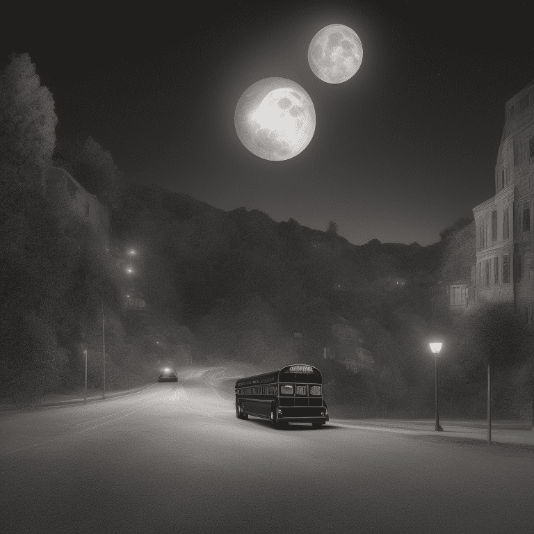 Big glossy black school bus at a distance on a hill, intricate details, in the middle of the night, moonlight, very detailed, lit street, streets lights