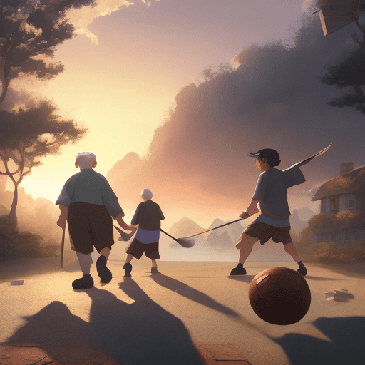 Board game cover of old people doing sport, dramatic light, pale sunrise, cinematic lighting, battered, low angle, trending on artstation, 4k, hyper realistic, focused, extreme details, unreal engine 5, cinematic, masterpiece, art by studio ghibli, intricate artwork by john william turner