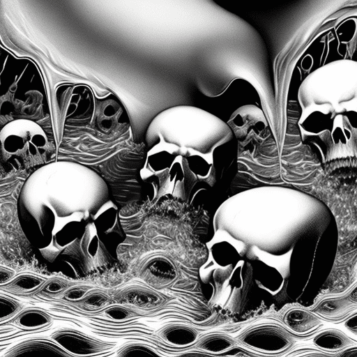 Create a striking 2d black and white engraving featuring a suspended tooth as the focal point. The tooth, detailed and sharp, casts a distinct shadow as it descends towards gently flowing water. Skulls, some submerged and others drifting, populate the background, creating a chilling contrast against the fluid movement of the water