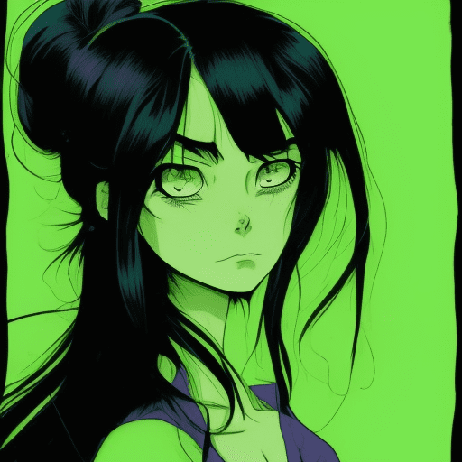 A woman with long messy black hair and big shoulders, with angry eyes, in the style of quirky manga art, bill watterson, animated gifs, craig davison, dark indigo and light green, rumiko takahashi, emotionally-charged brushstrokes --stylize 750 --v 6k