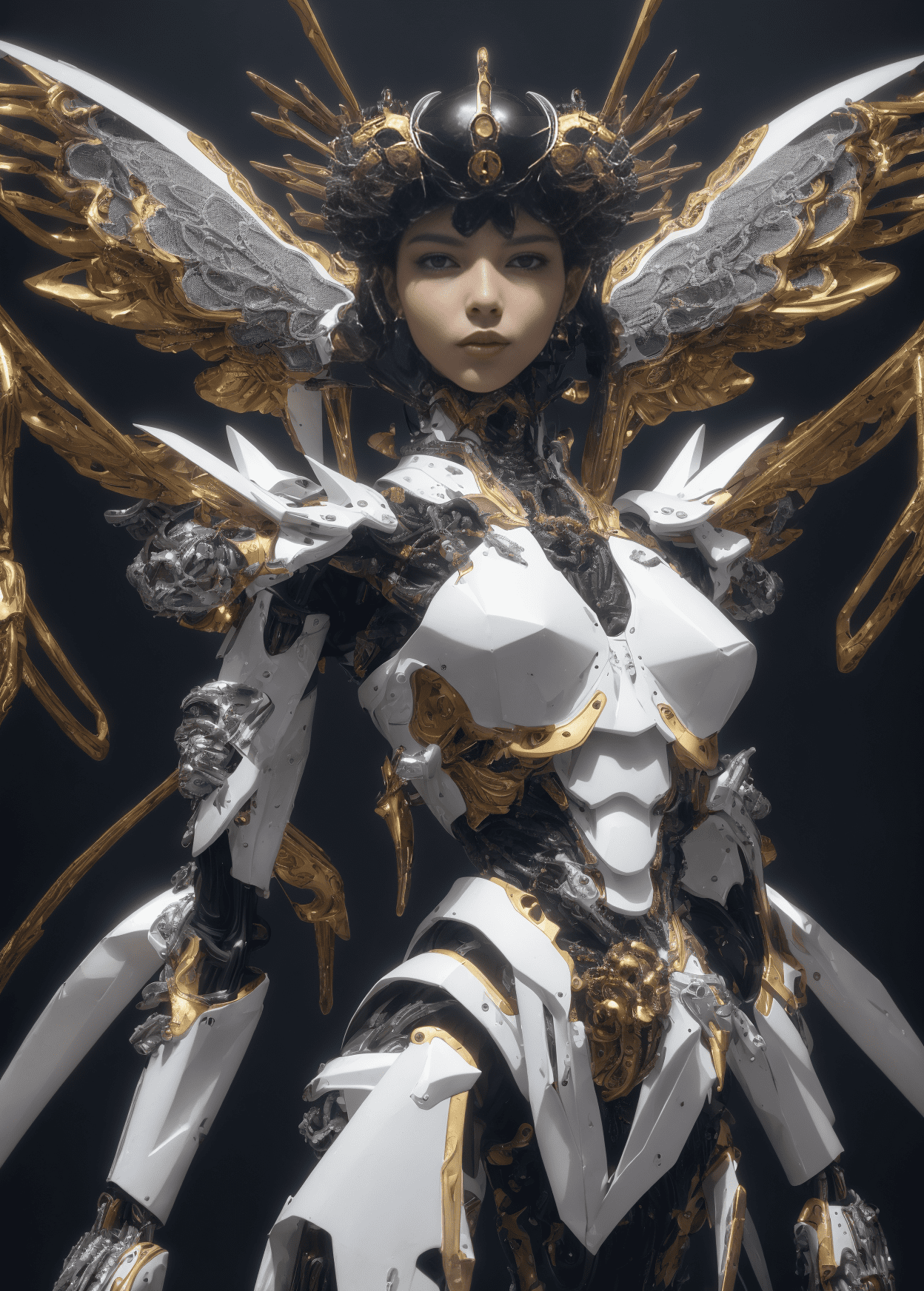 4k (full body photo:1. 2) of mechanical angel queen, dark futuristic art style, shiny and smooth surface and textures, military inspired, wires and cables protruding from body, vertebra support, carbon fiber texture, honey comb pattern, white, black, and silver colors, complimenting colors, savage looking mechanical headdress, religious art, religious connotations, baroque art, classical art