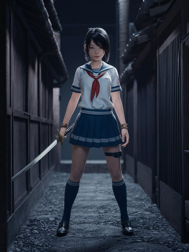 Pretty japanese female a junior high in school uniform with katana in a dark alley, cinematic, 3d render, unreal engine, 32k, --ar 9:16 --niji 5 --style expressive --s 180