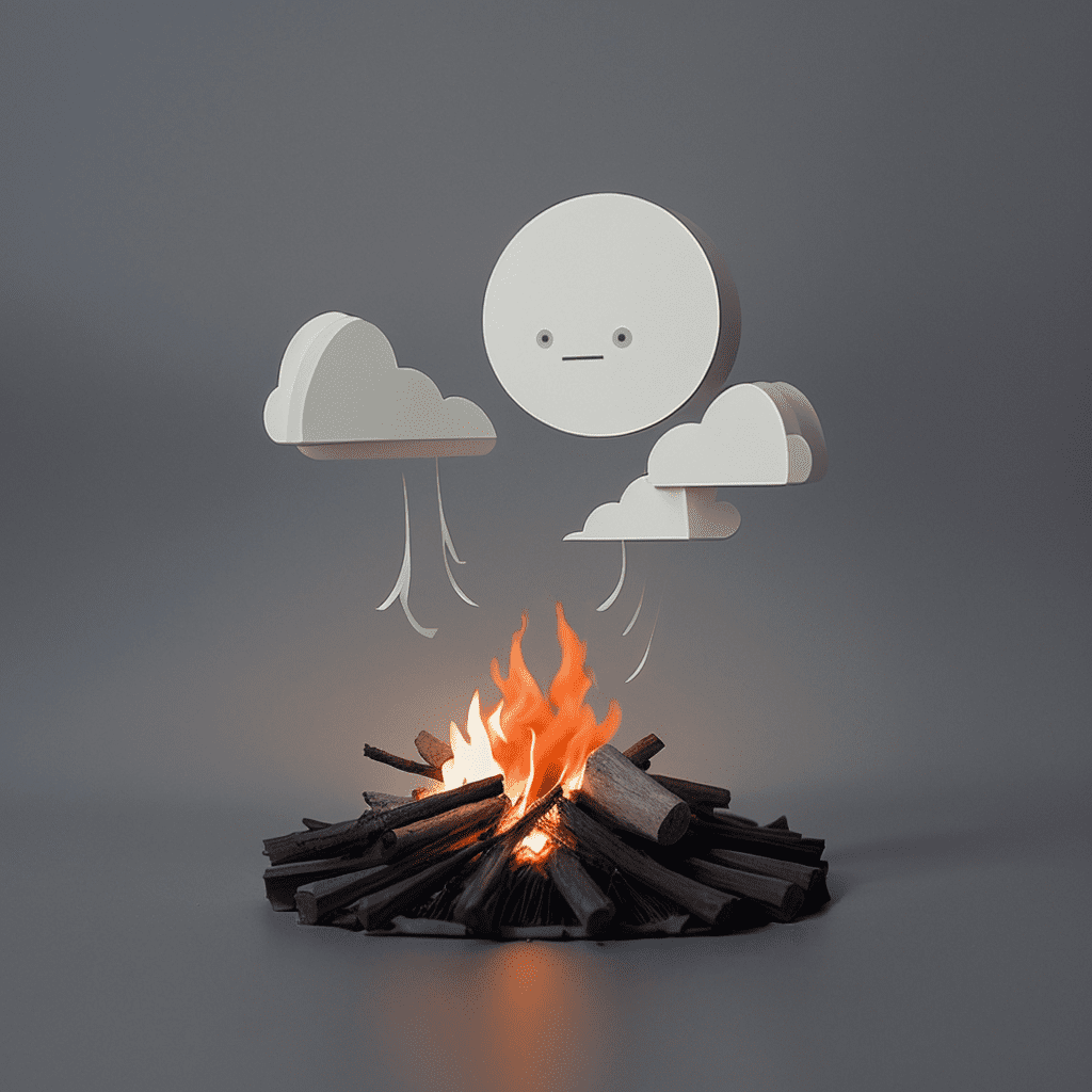 [a cute papercraft in the styte of eiko ojala] a little campfire and dark grey clouds above it, paper rain, simple and clean, volumetric, 3d