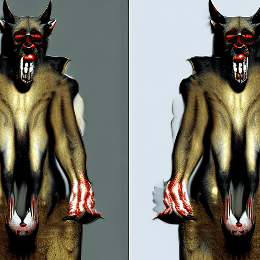 The rougarou: a extreme nightmare version, highly detailed, advanced 3d techniques, distorted features, unsettling aura, photorealistic, dynamic light, creepy. A monstrous wolf-man with red eyes and razor-sharp teeth, standing on its hind legs and towering over his demoness love for eachother is evident. The succubus is breathtakingly beautiful with long flowing red and black hair and striking features