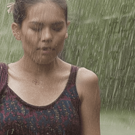 A beautiful lady dancing in heavy rain, face and body are wet, messy bun hair 32k uhd, highly details