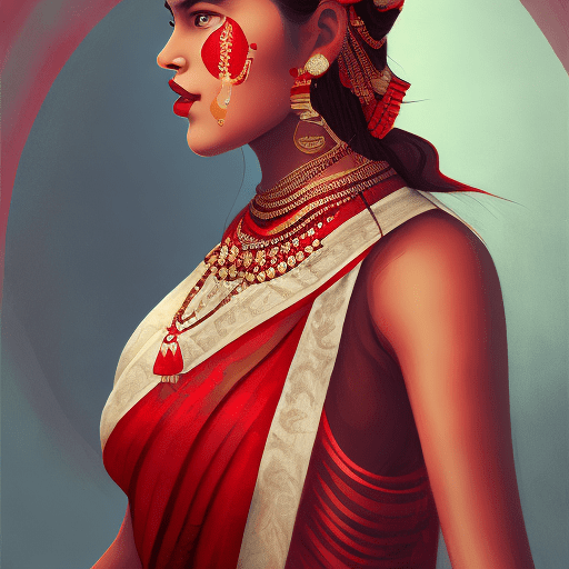 Illustration of a young nepali woman, wearing red saree, side profile, in the style of concept art, hint of surrealism --ar 1:2 --stylize 750