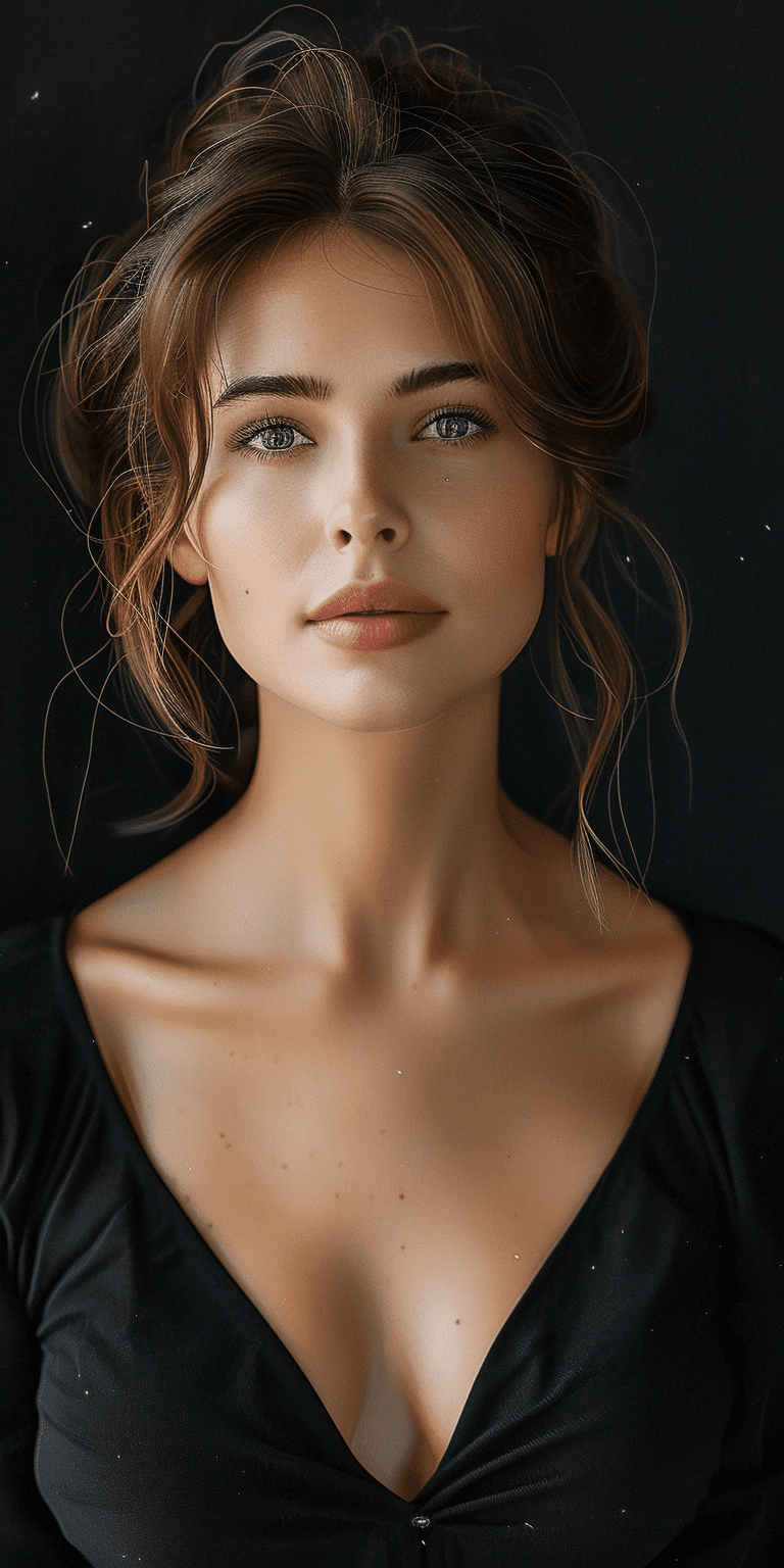 Elegant model, mid 20's, minimalistic portrait, in the style of high fashion professional photography, photorealistic, ultra-realistic, best quality, dark background --no freckles, blemishes --ar 1:2 --stylize 750