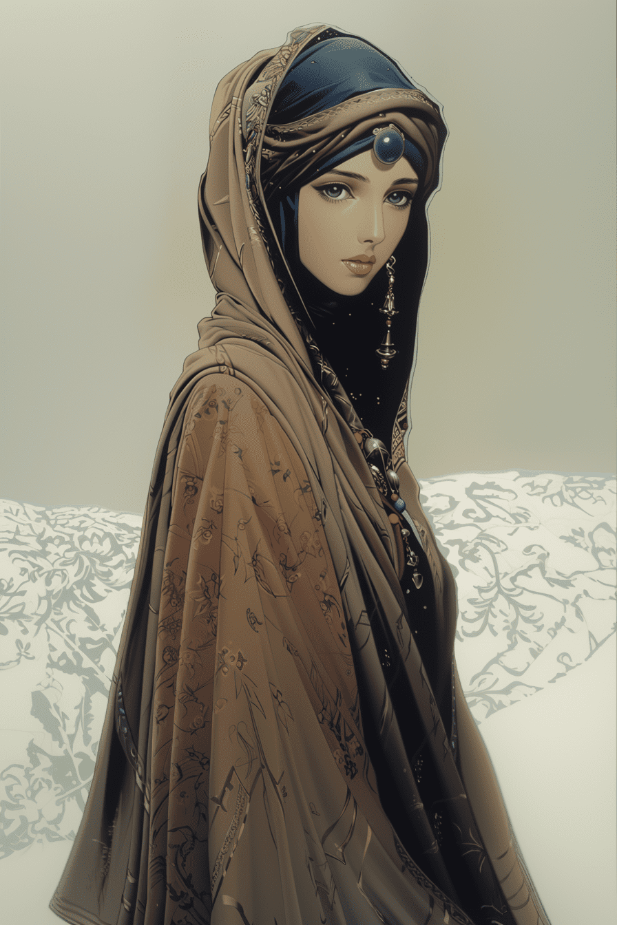 A beautiful traditional arabic woman wearing an alternative outfit. Full portrait. Anime art by yutaka minowa, yoshiaki kawajiri. 1989 --v 6. 0 --ar 2:3