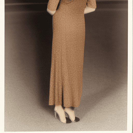 A slender woman with (long:1. 2) brown hair, standing with her back to the camera, wearing a (long:1. 2) dress that accentuates her perfect figure.
