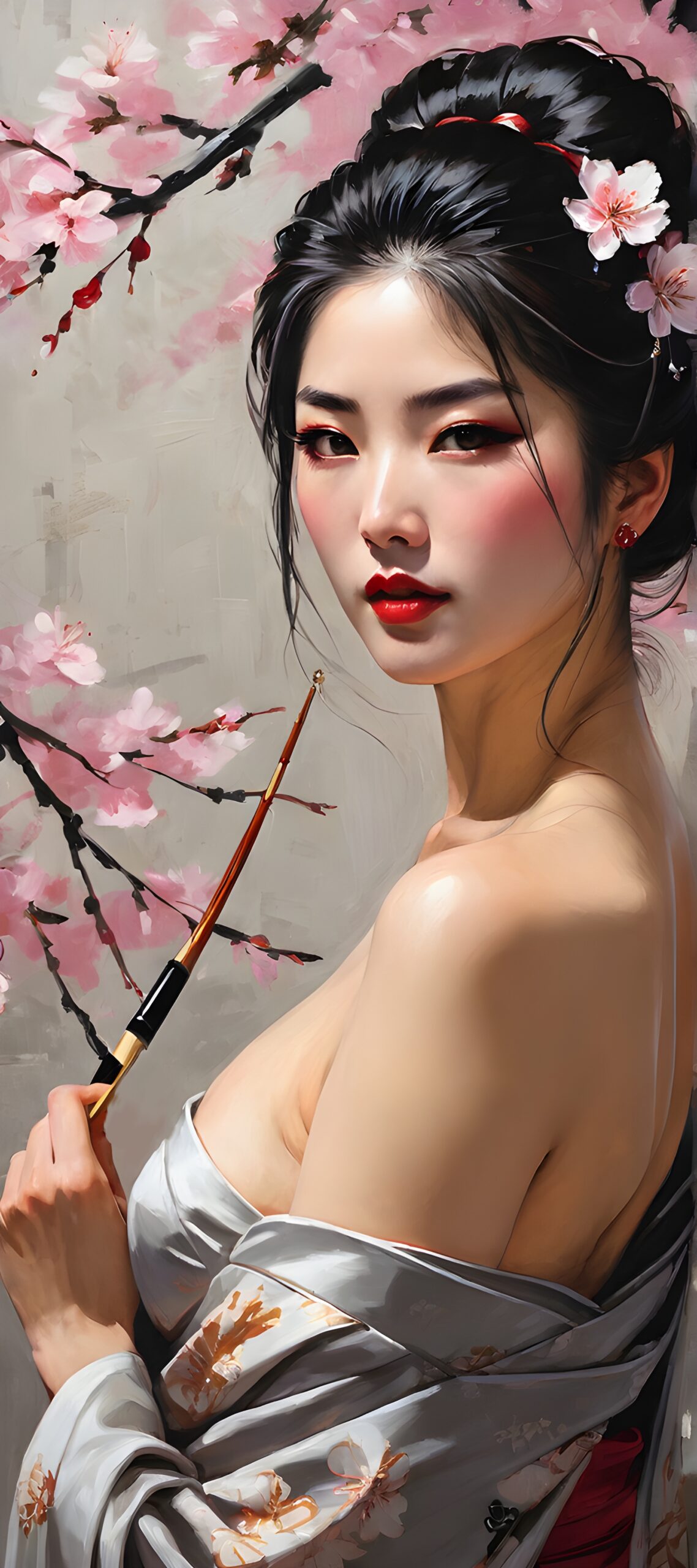 (masterpiece 1:1) art in the style of fabian perez and larry bud melman. Ethereal geisha, elegant, beautiful, off shoulder kimono, decollete, simmetrical face, dance pose, cherry blossom background, anime style, illustration, flat color, acrylic painting, palette knife and brush strokes, style of makoto, studio ghibli, genshin impact