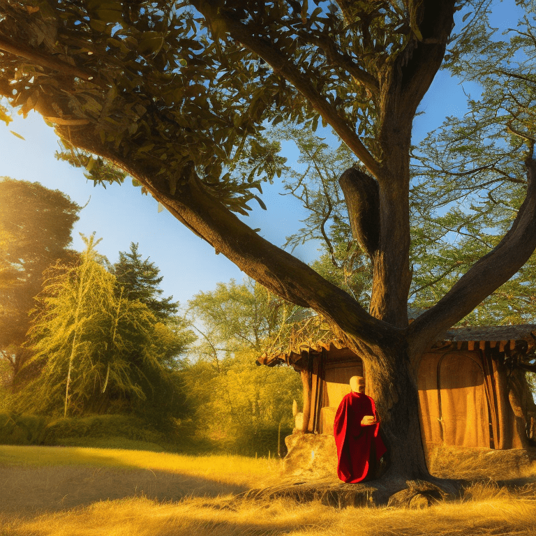 A close up shot of monk meditating under tree with a unique and ancient retreat cabin in background, holy light, golden sunlight, mythical