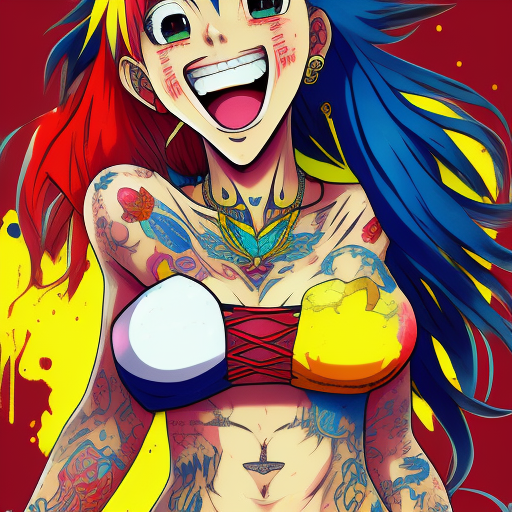 Animestyle illustration of a female character with red and blue hair, wearing colorful tattoos on her chest and smiling against a yellow background. The artwork features bright colors, intricate details and sharp focus with high resolution and high detail. It has a perfect composition in the anime art style with the japanese manga artstyle. The rendering is of the best quality in the style of akira toriyama and nyo. --ar 21:32