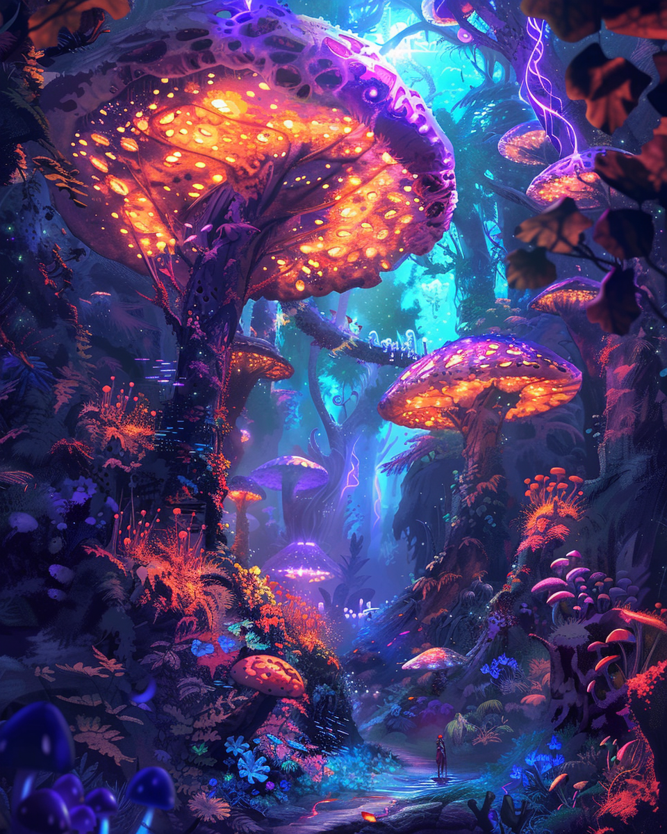 First person point of view, emerging from a portal into the fey wild. In the style of dungeons and dragons. Vibrant colors, large fauna, glowing mushrooms. Vignette --ar 4:5 --v 6. 0