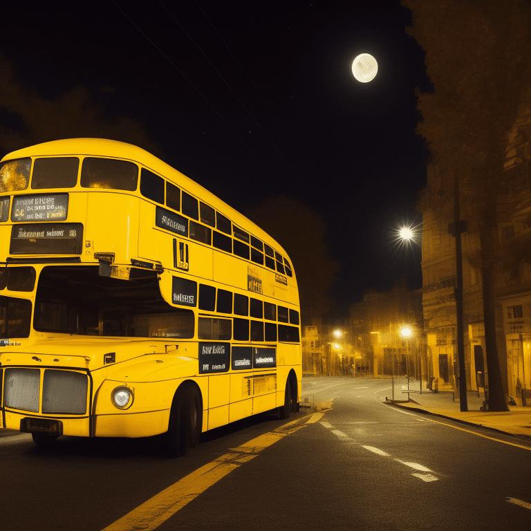 Mid shot view of a dark bus in the middle of the night, , moonlight, eerie setting