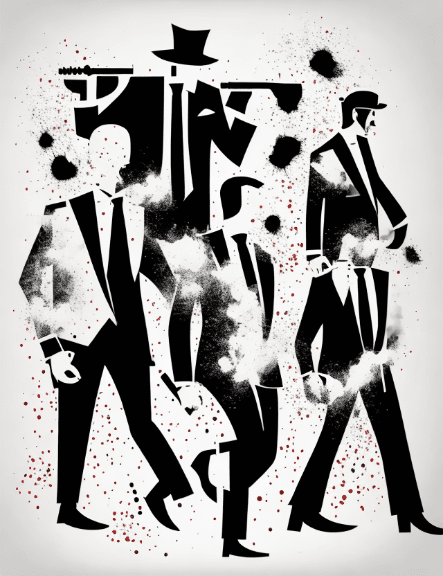 2d illustration of in mafia mens strong outlines, bold traces, high contrast, (professional vector) , best quality, flat colors, flat lights, low levels, (powder explosion).