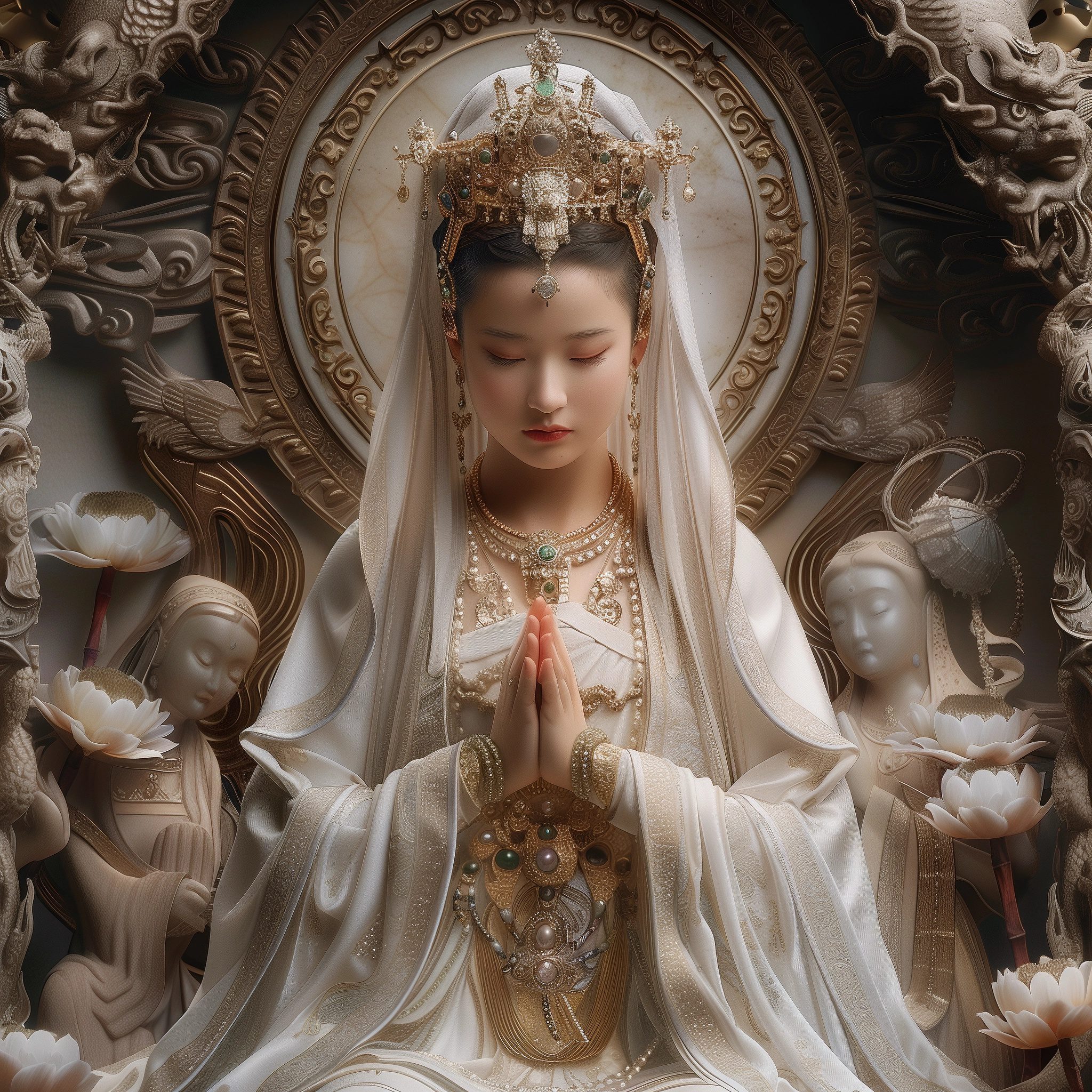 The white-robed guanyin is often depicted as a beautiful, white-robed woman. This portrayal emphasizes purity and compassion. --personalize nwnd4j3 --stylize 600