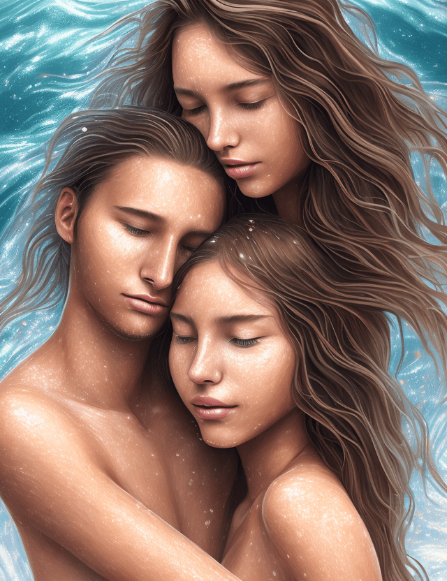 Close-up digital painting of a young 17-year-old girl, mottled brown hair, flowing in light waves to her shoulders, and an adult woman, age characteristics marking her as 35, bent over in solidarity, sharing an intimate moment , sunscreen in hand, destined for his partner's back, knee-deep together at the edge of an idyllic forest lake, reflections dancing in the water, droplets emerging shimmering on their bodies