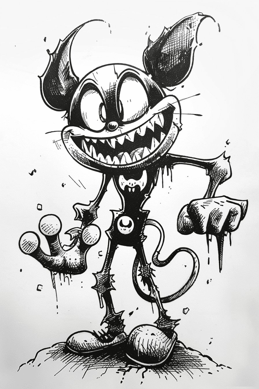 Cute cartoon villain, in the style of cuphead, ink art drawing, simple lines, in the style of 1930 animation --ar 2:3