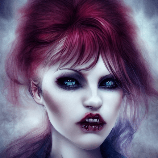 Highly detailed portrait of russian 20-year-old woman, dark evil red hair, fantasy, pale skin, vampire, blue eyes, grunge aesthetic! ! ! Fantasy dark background! ! Curse of strahd