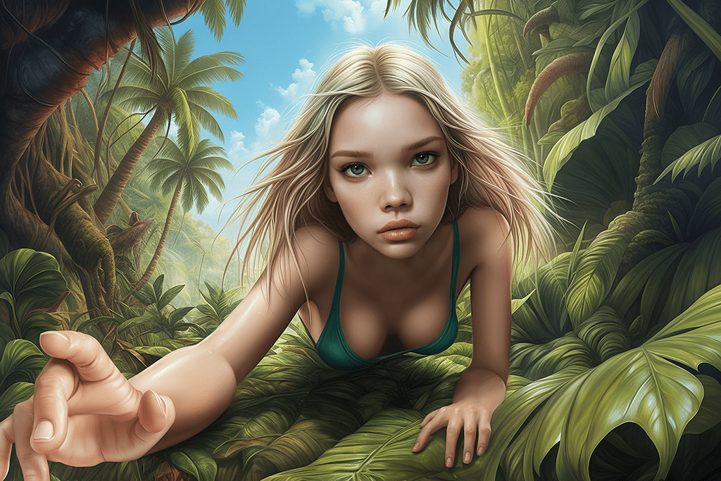Incredible art by tiago hoisel of a girl [:sasha luss:0. 3] crawling in a jungles , (selfie,wide angle :0. 85)