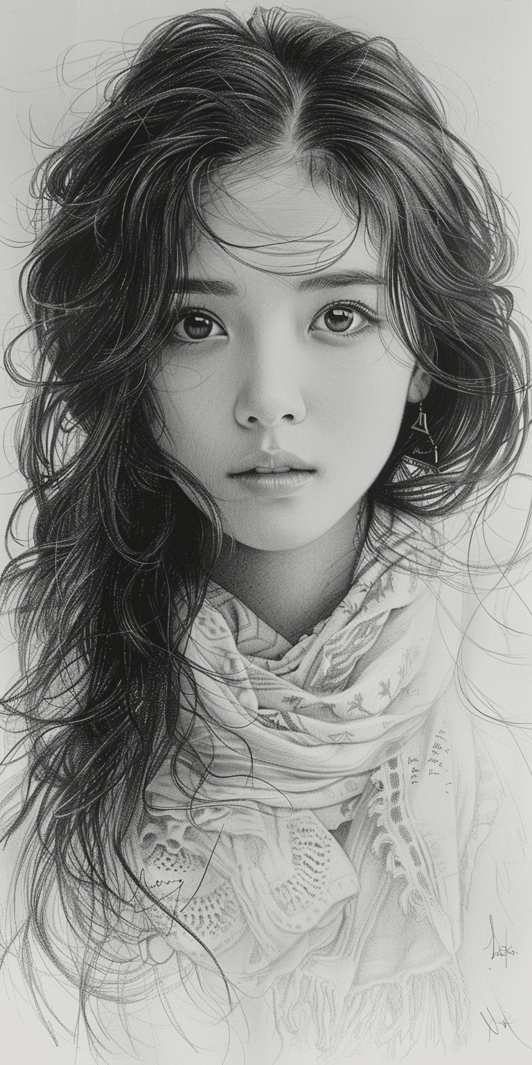 A pencil sketch of an asian girl with long hair, wearing white and scarves around her neck, a half-length portrait, delicate facial features, big eyes, high nose bridge, soft lighting, delicate texture details, exquisite drawing, in the style of soft tones, highlighting the beauty of face contours --ar 1:2 --stylize 750