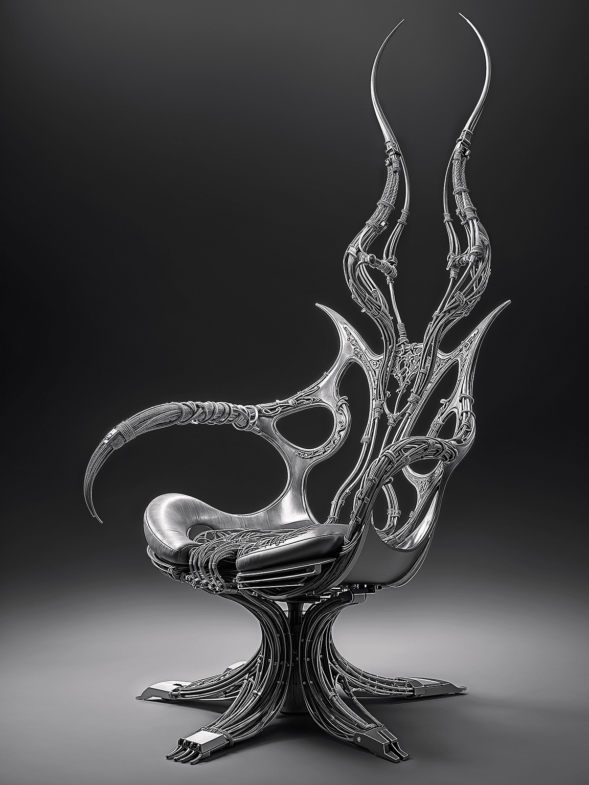 Dreamscape huge hr giger style chair, concept furniture, painting on grey, hyper realistic, illustration, digital art, trending on artstation, highly detailed, fine detail, intricate, diagonal view, futuristic shaped chair modern design by zaha hadid h. R. Giger. Surreal, ethereal, dreamy, mysterious, fantasy, highly detailed