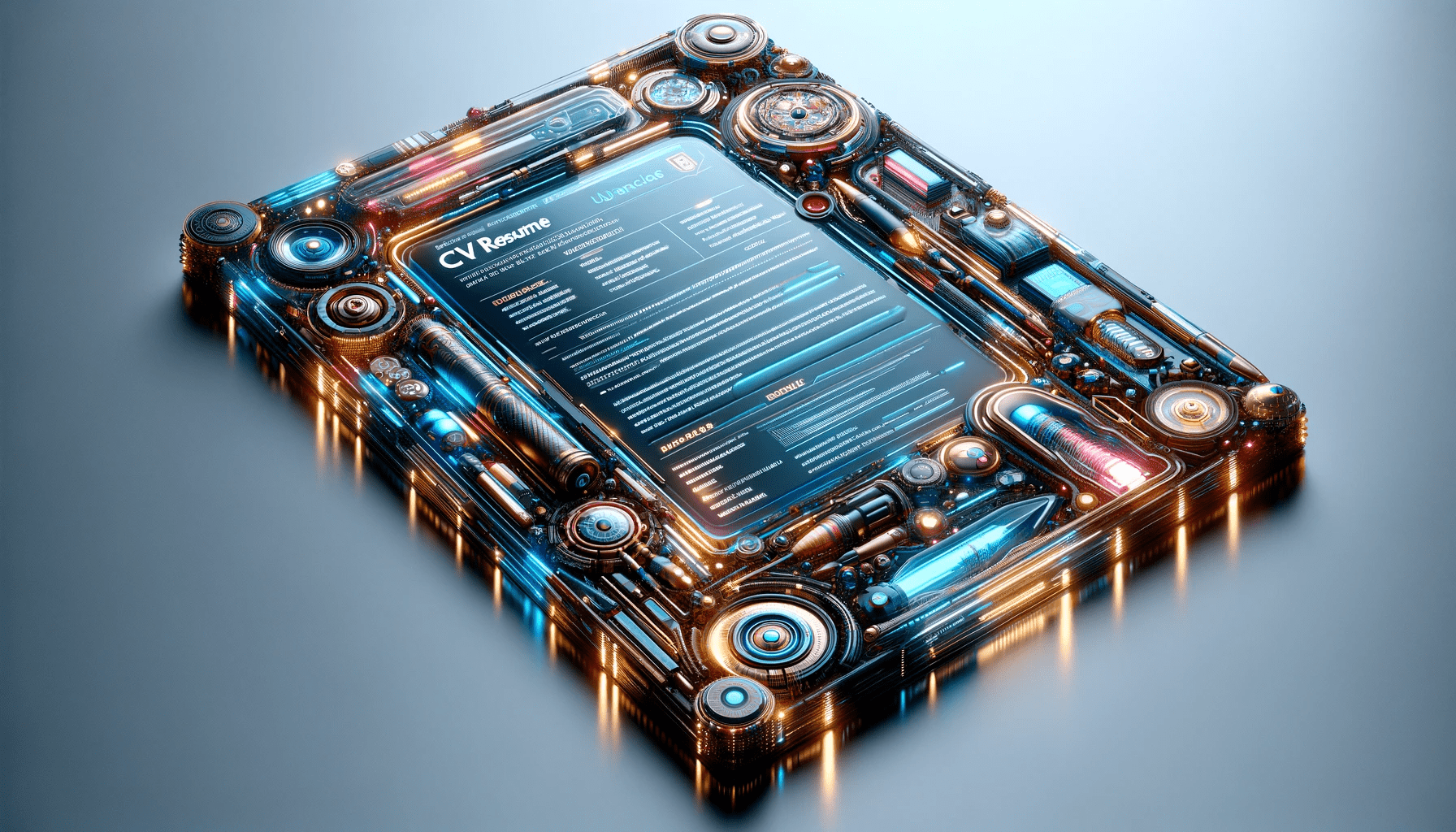 Create a visually striking 3d image titled 'multilayered spectrum, ' depicting a futuristic cv resume. The image should feature multiple layers, each adding to the document's vibrant and dynamic appearance. Use a bold and diverse color palette, with colors chosen to give the resume a lively and eclectic feel. The materials should include brushed metal, glass, and high-grade plastic, creating a mix of reflective and matte textures. Apply advanced lighting techniques to achieve varied reflections, highlights, and shadows, enhancing the 3d effect. The design should be sleek, modern, and organized, resembling the interface of high-end software, while intentionally covering the traditional text to focus on the innovative visual elements. The overall appearance should be cutting-edge, representing the resume not just as a document but as a piece of futuristic art that symbolizes the individual's skills, experiences, and personality in a novel and creative way.