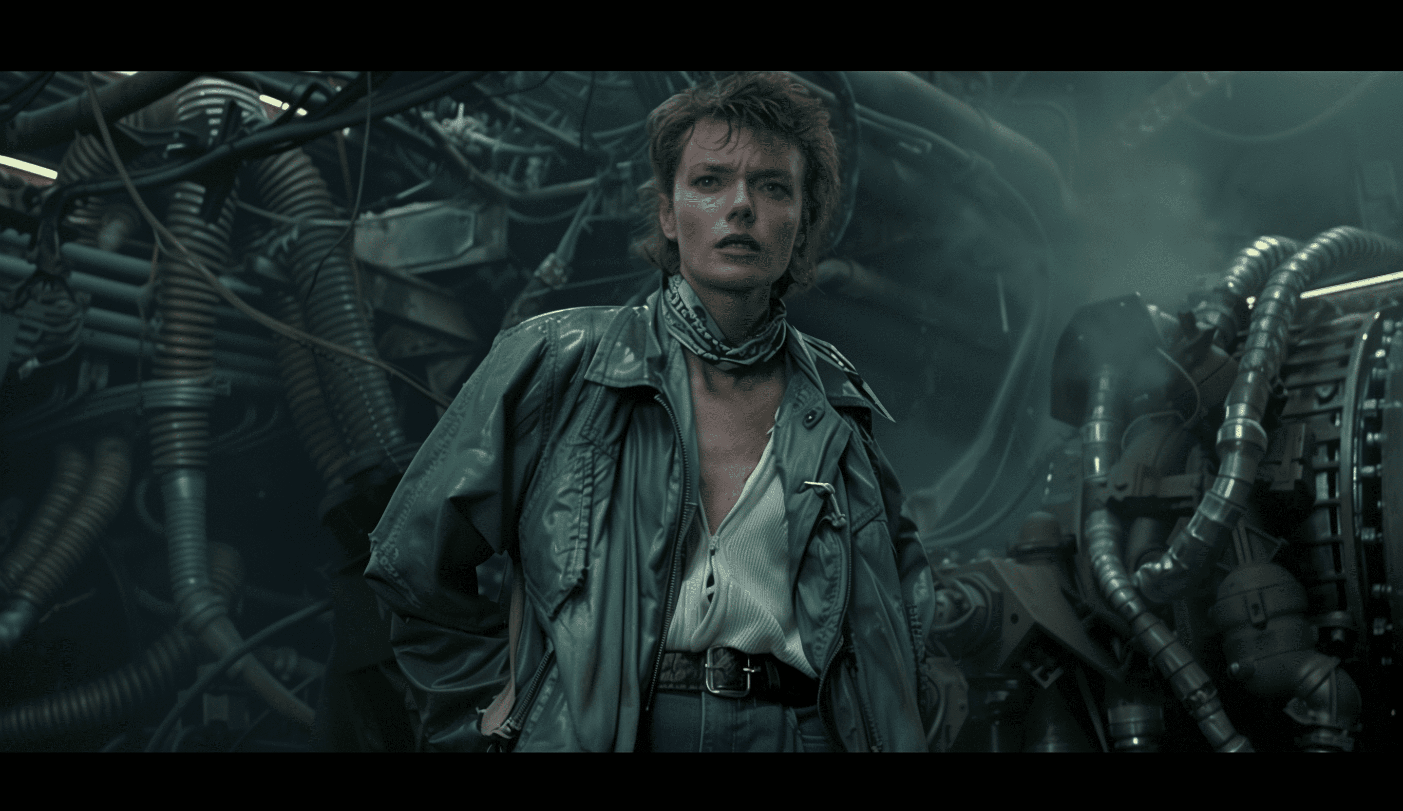 A cinematic still from an alien horror movie of the 1980s, space pilot character in her flight jacket standing next to the weight submerged in black liquid on its side with many dark pipes and electrical wires. She has short hair, blue eyes, is wearing a white undershirt, a green bomber jacket, belt-buckle pants, combat boots, and a bandana around her neck. She looks scared and worried. --v 6. 0 --style raw --ar 40:23