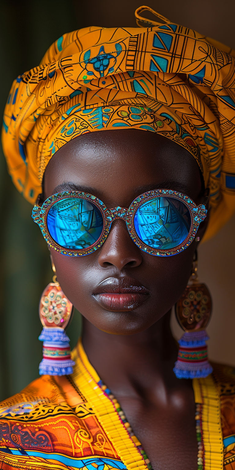 Vogue photoshoot of an african woman wearing a vibrant multicolor intricate outfit with big earrings, featuring traditional attire from the nigerian subculture, with colorful sunglasses that reflect pictures of african landscapes, in the style is high fashion, with a focus on color and texture of traditional african attire --ar 1:2 --stylize 750