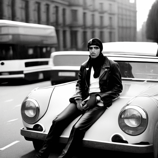 Black and white street photography of an attractive man in leather jacket with headscarf sitting inside vintage convertible car, on the streets of london, shot by arriflex 35 bl camera canon k35 prime lenses --ar 1:2 --stylize 750