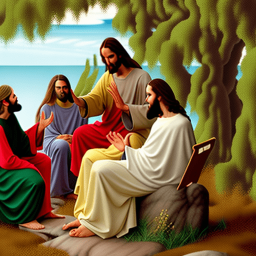 Jesus sitting talking to people in a place with little vegetation