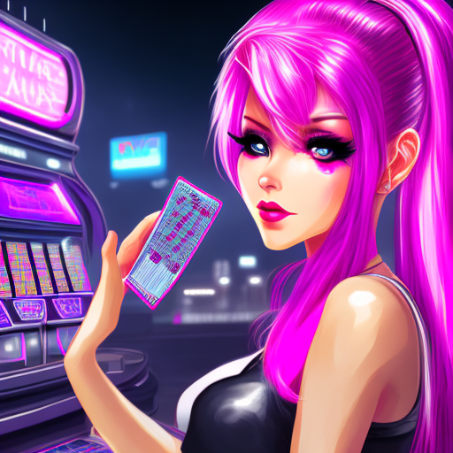 Photo a beautiful cyberpank girl, playing casino slots in the night city. Halfbody, pink hair, cybernetic implants on her arm and face.