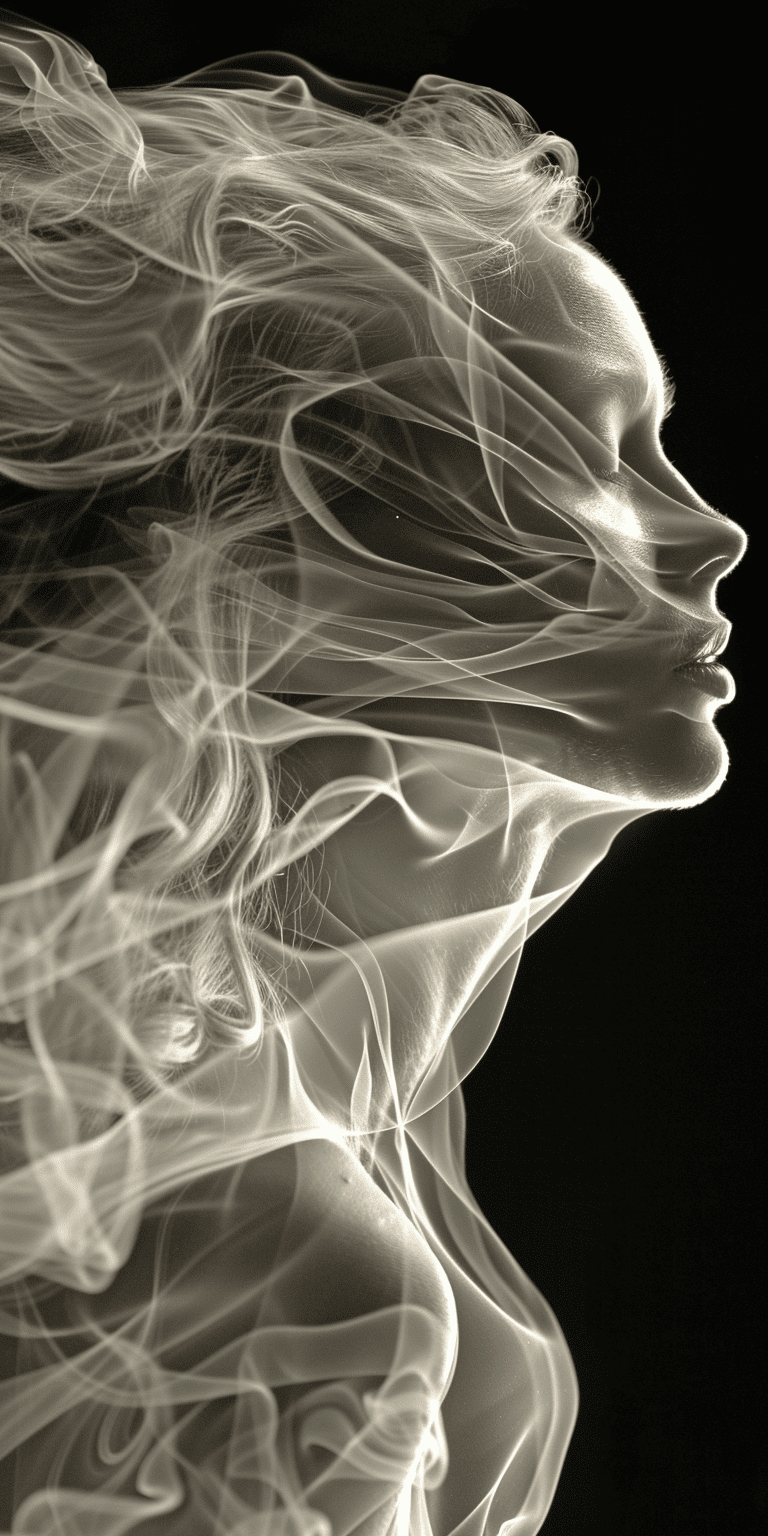 A woman made of smoke, in an elegant pose with hair blowing in the wind, fluid lines, in the style of smoke art --ar 1:2 --stylize 750