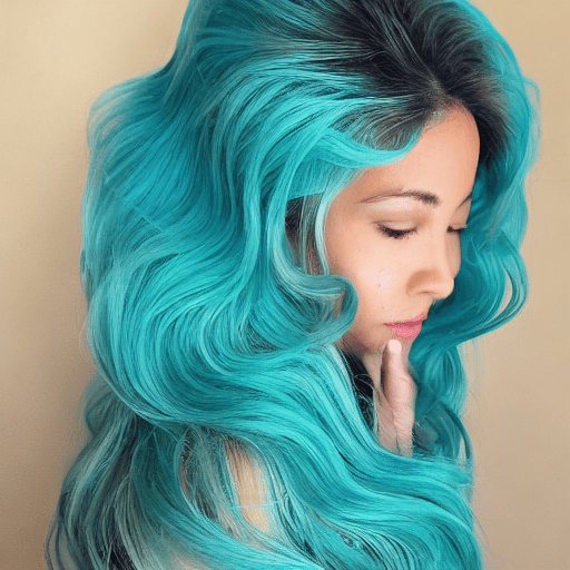 An image of a person with a flowing, sculptural hairstyle and garment that echo the movement of water. The hair and attire should be crafted with smooth, swirling patterns that extend and blend into each other, in a seamless and organic fashion. The color scheme should be a gradient of turquoise to aquamarine, set against a neutral gray background to emphasize the subject. The subject's pose should be elegant and poised, with a profile view showcasing refined features and a calm, contemplative expression. Add a detailed, ornate earring to the subject to bring an additional element of sophistication. The lighting should cast soft shadows to define the swirling forms, creating a luxurious and modern aesthetic. "