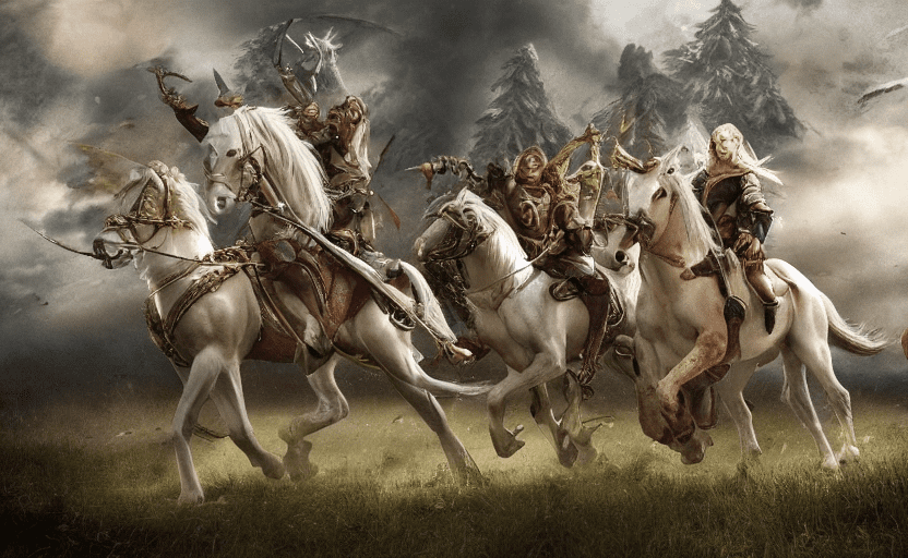 A battle is happening between elves and orcs, the elves are riding white stallions, the orcs are riding wild wolves, renaissance style a cinematic scene set during golden hour, finely detailed armor, weapon, intricate design and details, ultra-detailed, highest detail quality, ultra-realistic, photography lighting, waist length body shot, overcast, reflection mapping, photorealistic, cinematic, movie quality rendering, octane rendering, focused, 8k, depth of field, real shadow, vfx post-production, rtx ray tracing lighting --ar 9:16