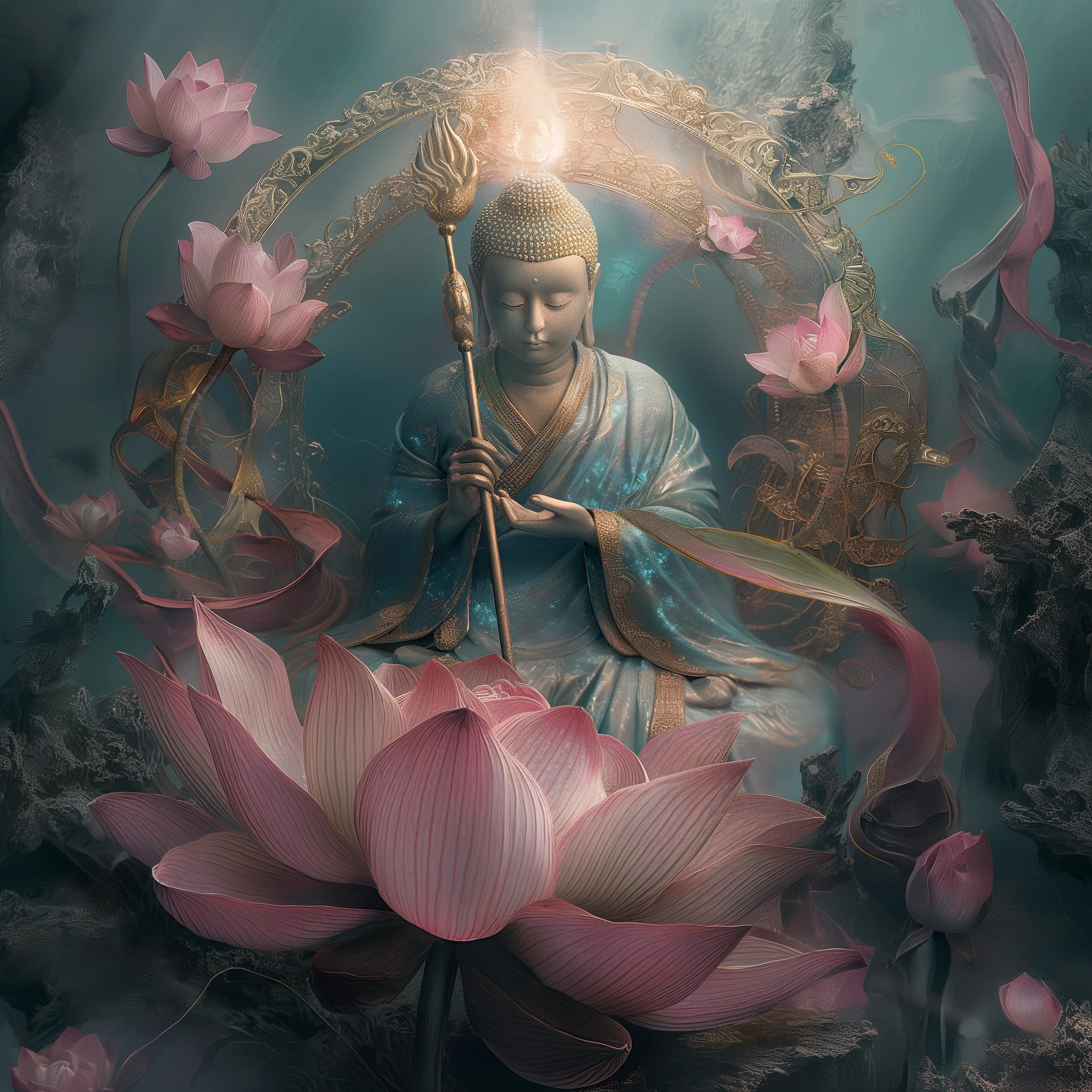 The bodhisattva m () ]);. Buddha with halo sitting on lotus, holding staff in hand, radiant aura around him, symmetrical composition, glowing effects, ethereal background, vibrant colors, digital art style, fantasy elements, fantasy realism --personalize nwnd4j3 --stylize 600