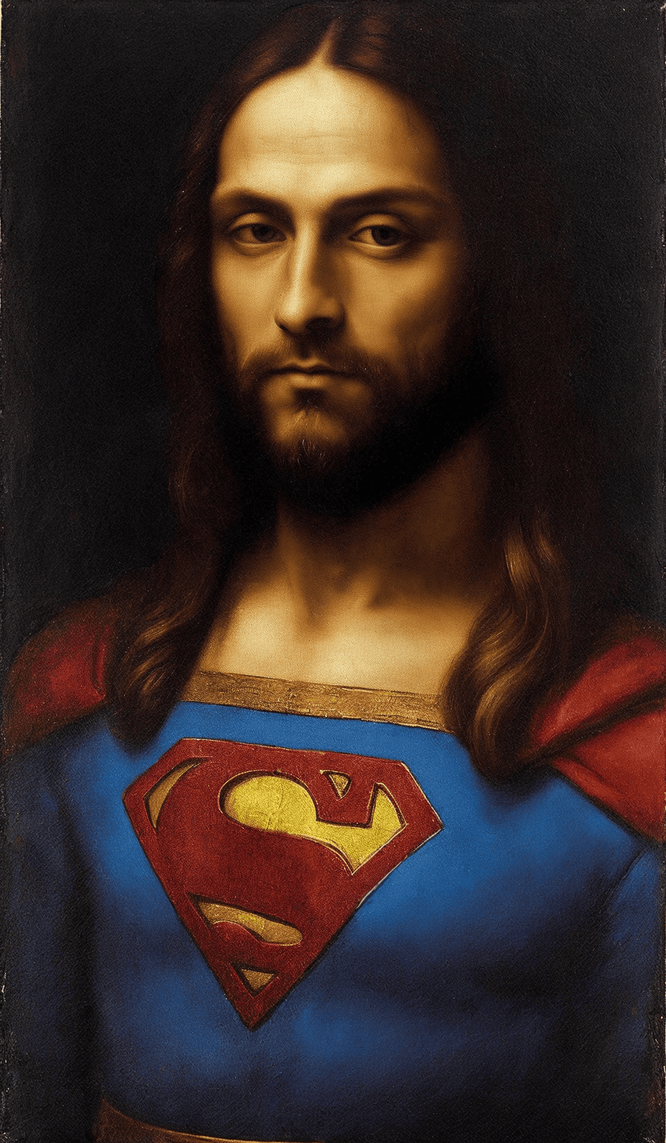 (oil painting) by leonardo da vinci , [superman portrait, looking at camera] , [ faded ] , soft shadows