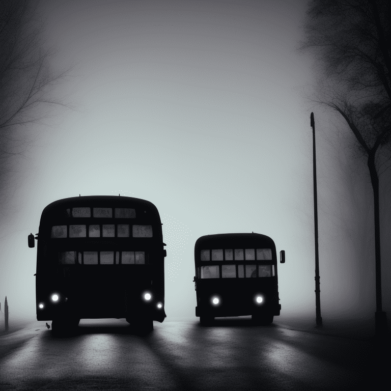 Photo of one large black bus with big tires in the street, spooky silhouette driving, bright lights, victorian street, dark fairytale aesthetic, intricate details, in the middle of the night, very detailed, lit street, dead trees, streets lights, foggy, divine presence, cemetery nearby