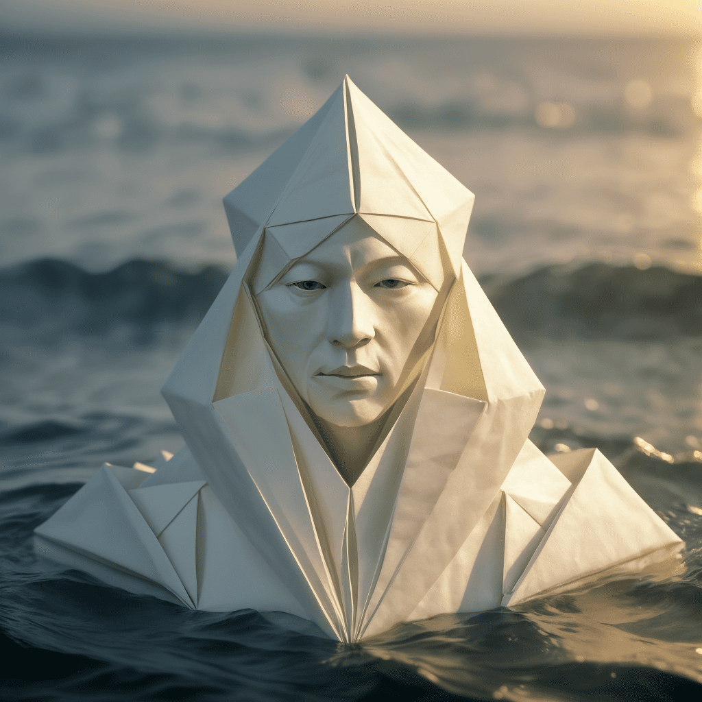 Breathtaking origami close up portrait of a mature paper made man made of paper , swimming in the cold sea at dawn, soft light, eerie serene photograph by annie leibowitz paper art pleated paper folded origami art pleats cut and fold