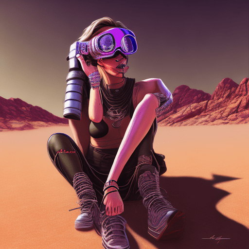 Female character wearing goggles while sitting in the desert, in the style of cyberpunk imagery, realistic hyper-detailed portraits, womancore, metallic accents, outrun, hyper-realistic pop, angelcore --ar 73:128 --stylize 750 --niji 6
