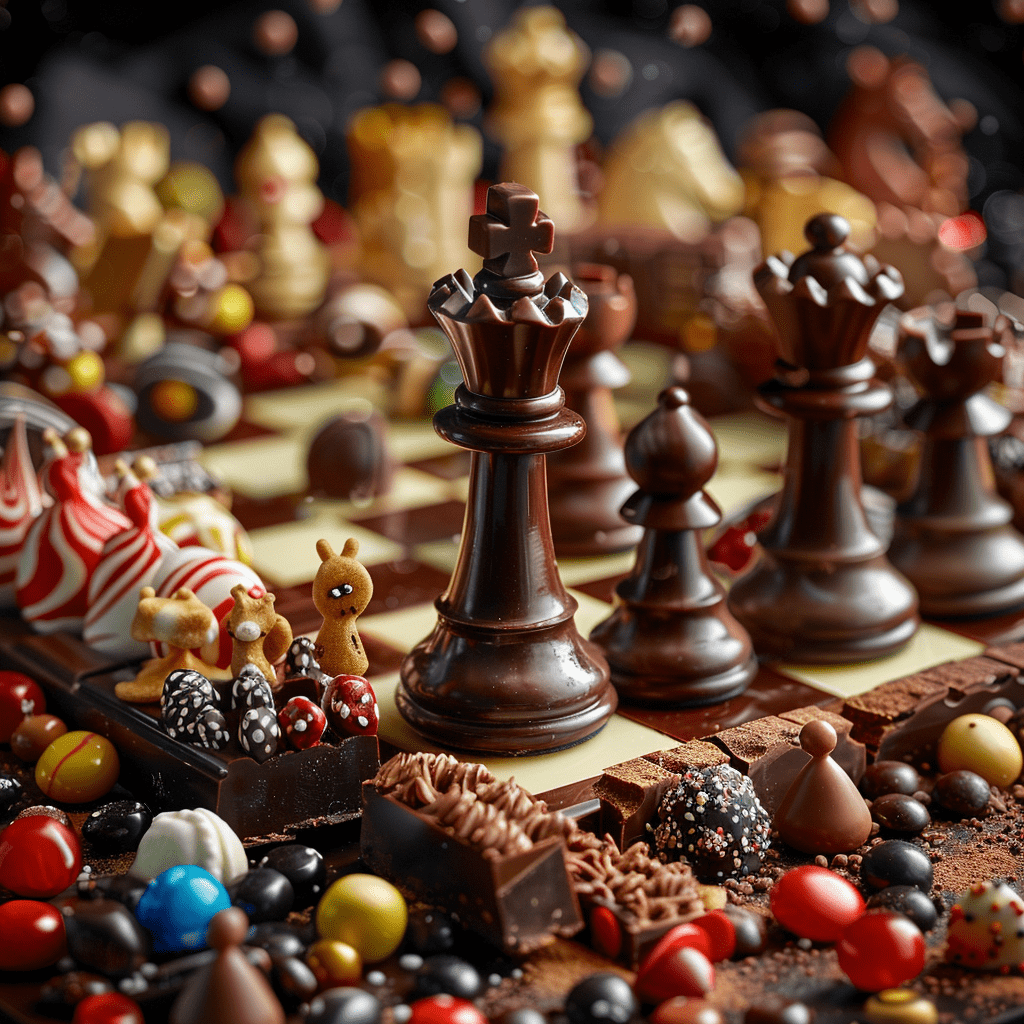 Close-up of a chess game, made mainly of chocolate, minimal details with colorful candies and cookies, realistic textures, front view, presentation on a table for an elegant restaurant, in the style of photorealism, spectacular craftsmanship, photographic light, high definition --v 6. 0