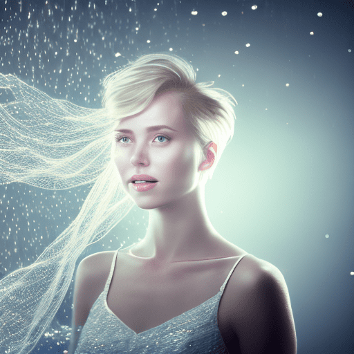 Studio lighting, bokeh, light fog around, blond woman floating in the air, messy short hair, small breast, transparent silver lace dress blowing in the wind, close up, beautiful figure, soft smile, neon lights on background, luminescent particles, masterpiece, perfect anatomy, 32k uhd resolution, best quality, highres, realistic photo, professional photography, cinematic angle, cinematic lights