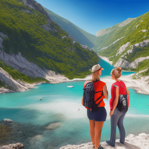 Woman guide that making tours in albania with toursit on beaches, mountains, sea, caves, cinematic, cartoon, high detail, 8k