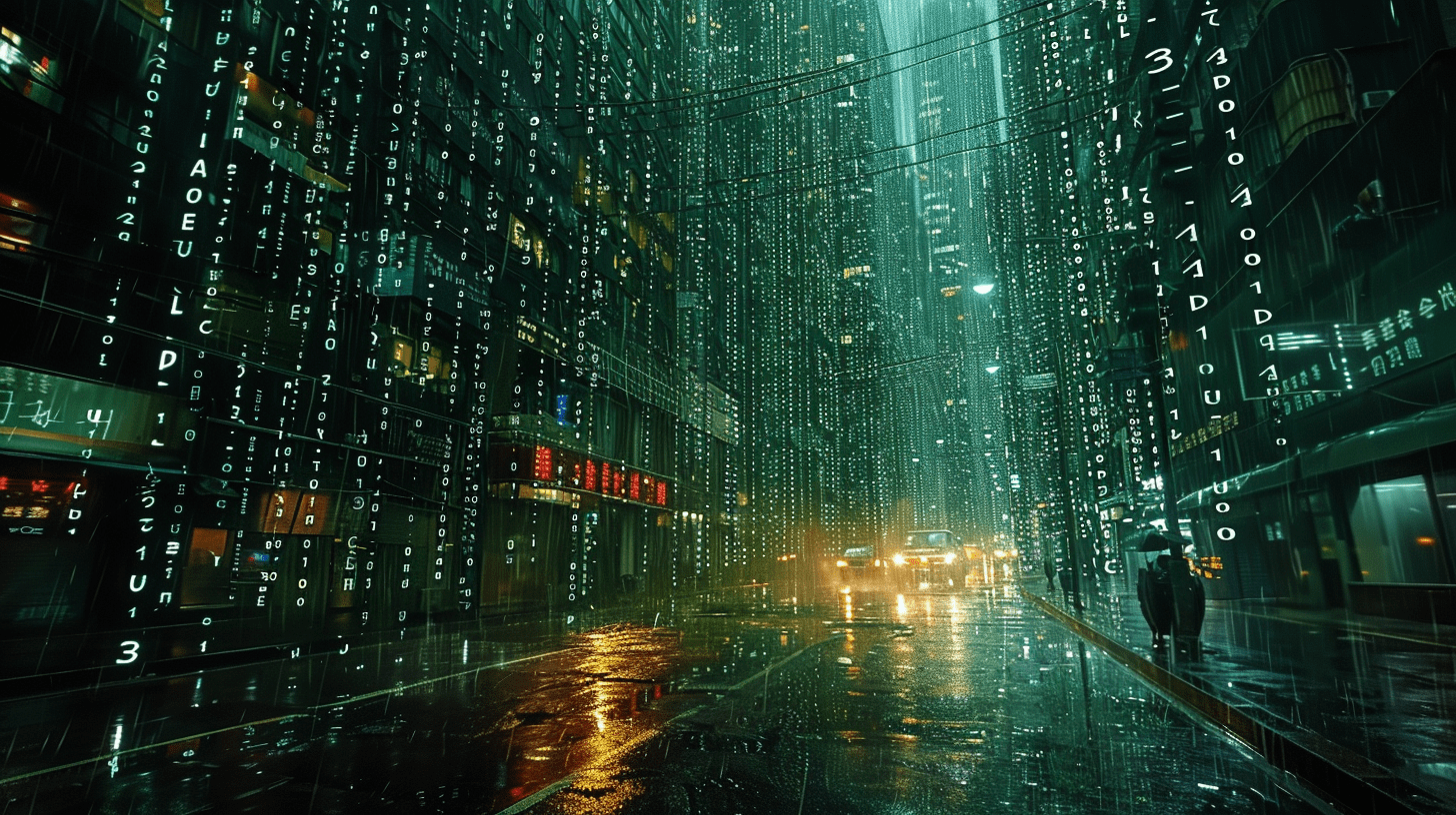 A scene from the matrix world with digital rain -- human batteries -- sentient machines -- neon green -- deep blue -- stark black -- cyberpunk dystopia style -- digital surrealism -- geometric patterns -- fractal code structures -- glitchy and pixelated reality textures -- cascading data streams -- interconnected neural networks -- layered reality with blurred boundaries between real and virtual -- hyper-realistic digital construct --v 6 --ar 16:9 --s 750 --q 2 --style raw --c 25 --chaos 15